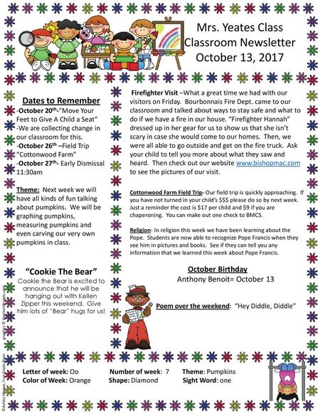 Mrs. Yeates Class Classroom Newsletter October 13, 2017