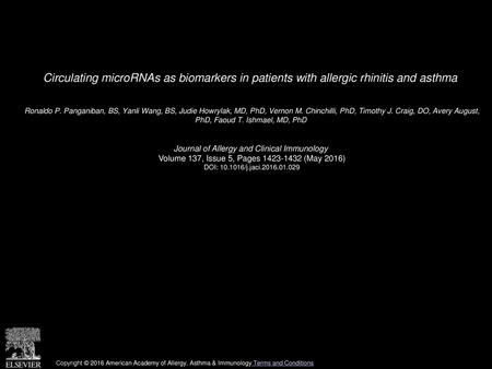 Circulating microRNAs as biomarkers in patients with allergic rhinitis and asthma  Ronaldo P. Panganiban, BS, Yanli Wang, BS, Judie Howrylak, MD, PhD,