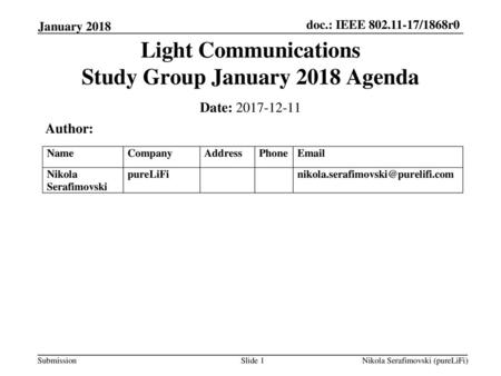 Light Communications Study Group January 2018 Agenda