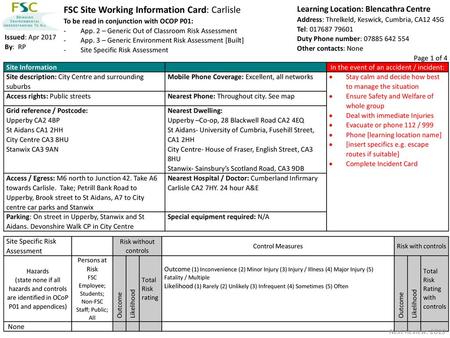 FSC Site Working Information Card: Carlisle