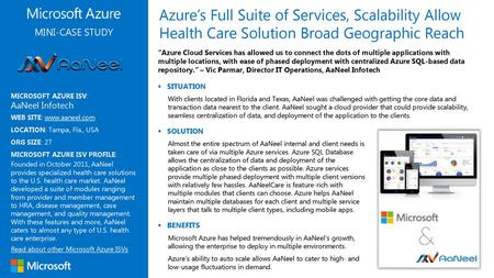 Azure’s Full Suite of Services, Scalability Allow Health Care Solution Broad Geographic Reach MINI-CASE STUDY “Azure Cloud Services has allowed us to connect.