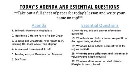 Today’s Agenda and essential questions