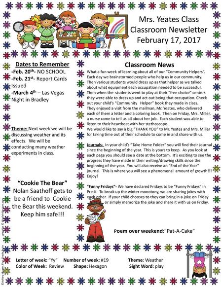 Mrs. Yeates Class Classroom Newsletter February 17, 2017