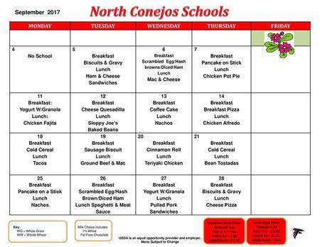 North Conejos Schools September 2017 MONDAY TUESDAY WEDNESDAY THURSDAY