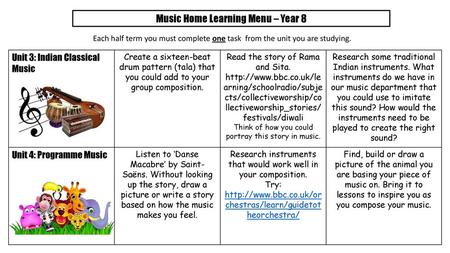 Music Home Learning Menu – Year 8