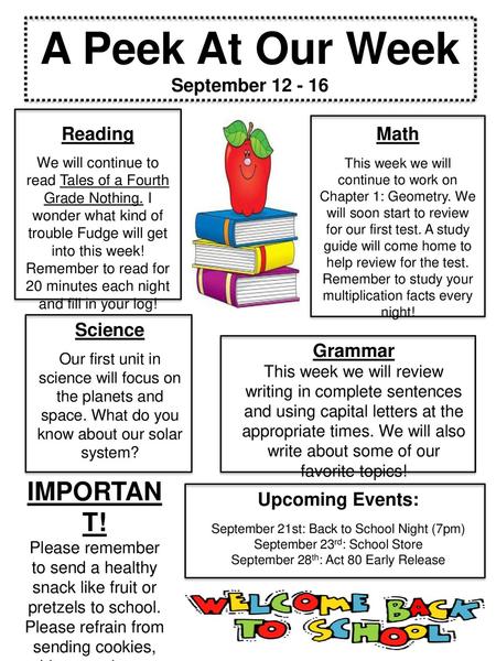 A Peek At Our Week IMPORTANT! September Reading Math Science