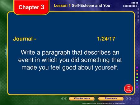 Chapter 3 Lesson 1 Self-Esteem and You Journal /24/17