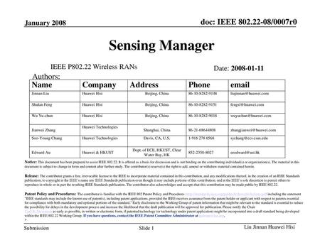 Sensing Manager Authors: IEEE P Wireless RANs Date: