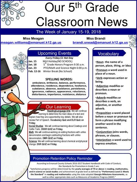Our 5th Grade Classroom News The Week of January 15-19, 2018