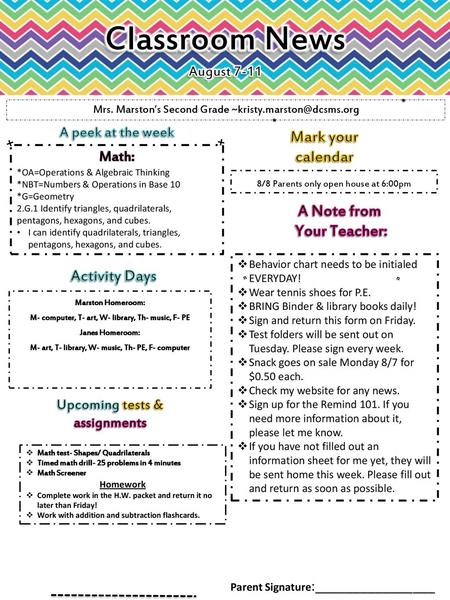 Classroom News Mark your calendar A Note from Your Teacher: