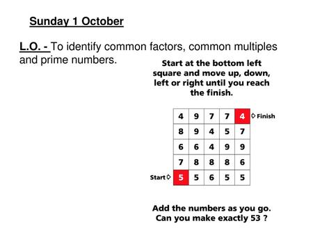 Sunday 1 October L.O. - To identify common factors, common multiples and prime numbers.