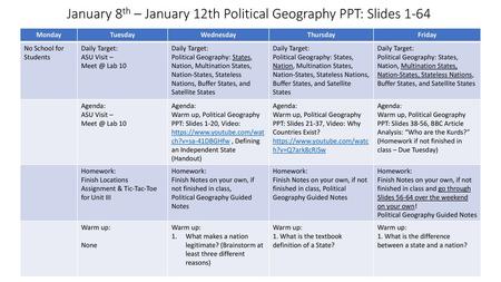 January 8th – January 12th Political Geography PPT: Slides 1-64