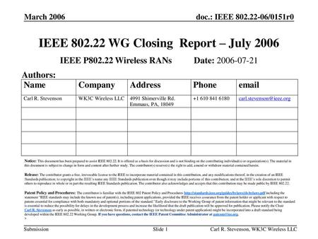 IEEE WG Closing Report – July 2006