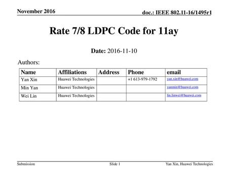 Rate 7/8 LDPC Code for 11ay Date: Authors: