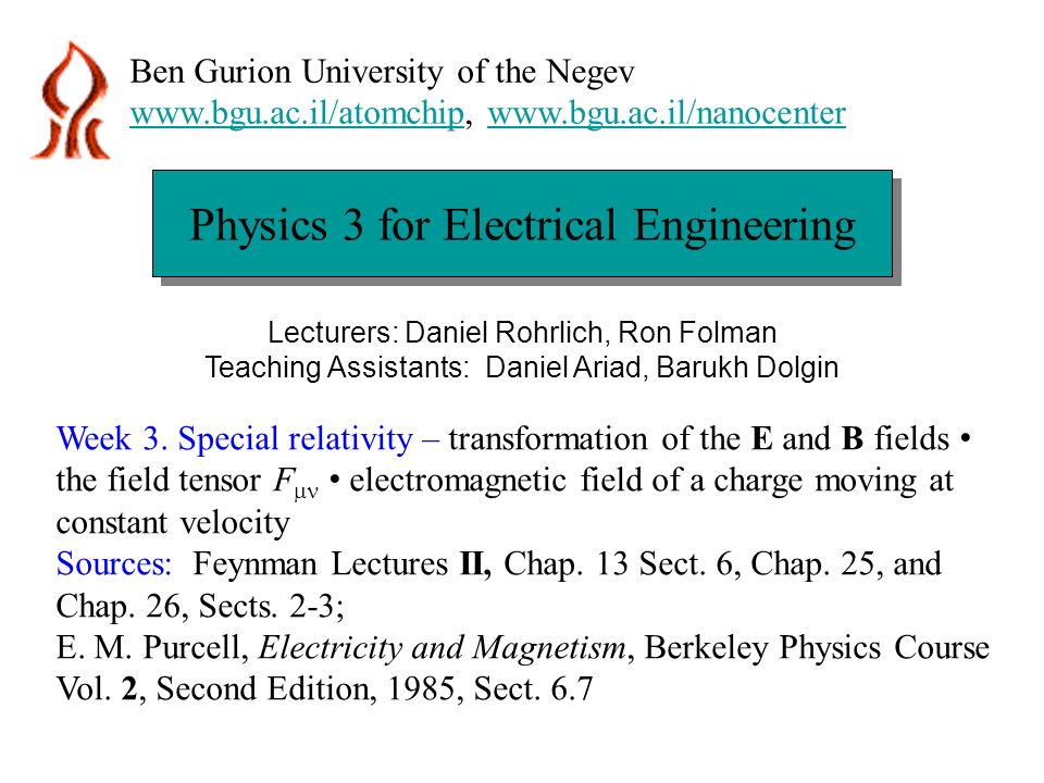 Physics 3 for Electrical Engineering Ben Gurion University of the Negev www. bgu.ac.il/atomchipwww.bgu.ac.il/atomchip, www.bgu.ac.il/nanocenterwww.bgu.ac.il/nanocenter.  - ppt download