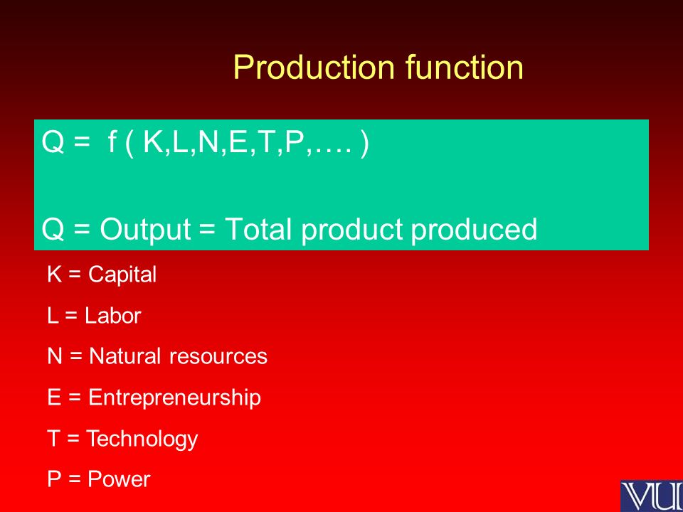 Production Function Q F K L N E T P Q Output Total Product Produced K Capital L Labor N Natural Resources E Entrepreneurship T Technology Ppt Download
