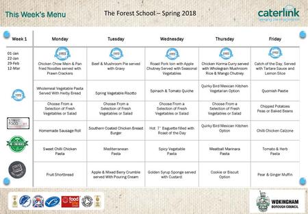 This Week’s Menu The Forest School – Spring 2018 Week 1 Monday Tuesday