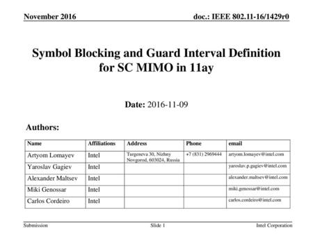 Symbol Blocking and Guard Interval Definition for SC MIMO in 11ay