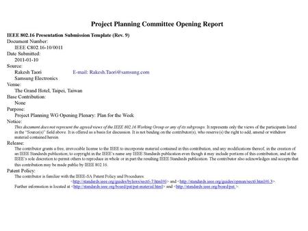 Project Planning Committee Opening Report