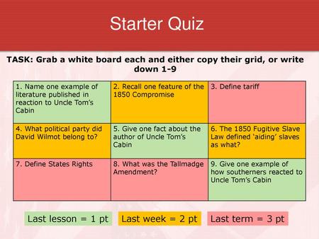 Starter Quiz Last lesson = 1 pt Last week = 2 pt Last term = 3 pt