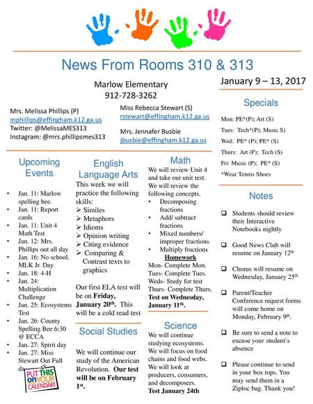 News From Rooms 310 & 313 January 9 – 13, 2017 Marlow Elementary
