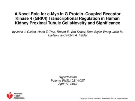 A Novel Role for c-Myc in G Protein–Coupled Receptor Kinase 4 (GRK4) Transcriptional Regulation in Human Kidney Proximal Tubule CellsNovelty and Significance.