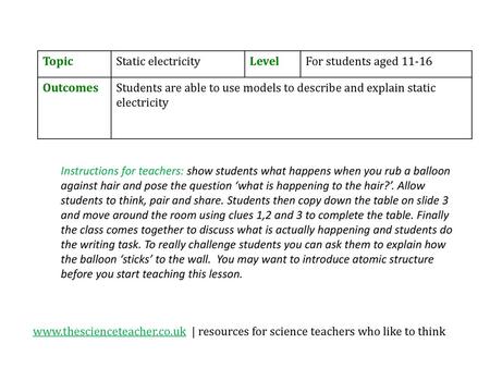 Topic Static electricity Level For students aged 11-16 Outcomes
