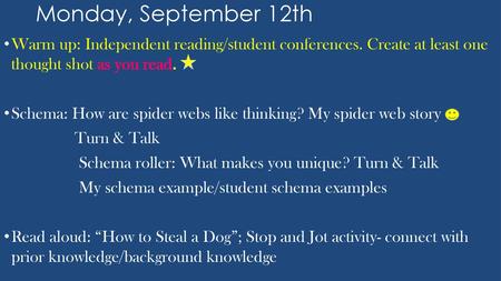 Monday, September 12th Warm up: Independent reading/student conferences. Create at least one thought shot as you read. Schema: How are spider webs like.