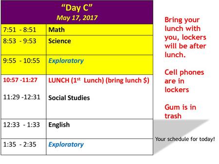 “Day C” May 17, :51 - 8:51 Math 8:53 - 9:53 Science 9: :55