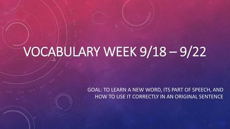 Vocabulary Week 9/18 – 9/22 Goal: to learn a new word, its part of speech, and how to use it correctly in an original sentence.