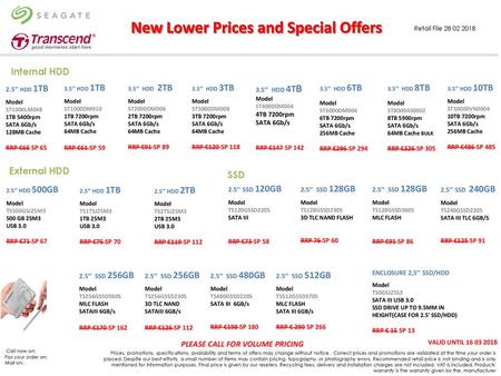 New Lower Prices and Special Offers PLEASE CALL FOR VOLUME PRICING