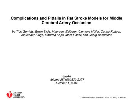 Complications and Pitfalls in Rat Stroke Models for Middle Cerebral Artery Occlusion by Tibo Gerriets, Erwin Stolz, Maureen Walberer, Clemens Müller, Carina.