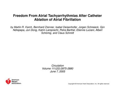 Freedom From Atrial Tachyarrhythmias After Catheter Ablation of Atrial Fibrillation by Martin R. Karch, Bernhard Zrenner, Isabel Deisenhofer, Jürgen Schreieck,