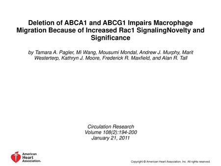 Deletion of ABCA1 and ABCG1 Impairs Macrophage Migration Because of Increased Rac1 SignalingNovelty and Significance by Tamara A. Pagler, Mi Wang, Mousumi.