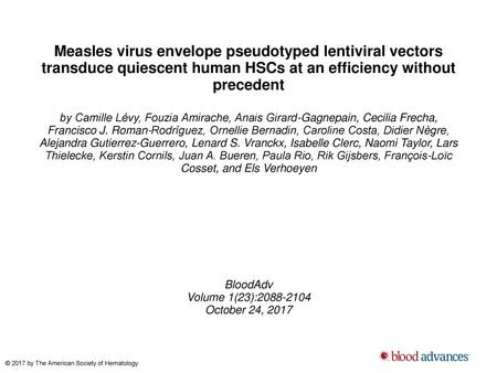Measles virus envelope pseudotyped lentiviral vectors transduce quiescent human HSCs at an efficiency without precedent by Camille Lévy, Fouzia Amirache,