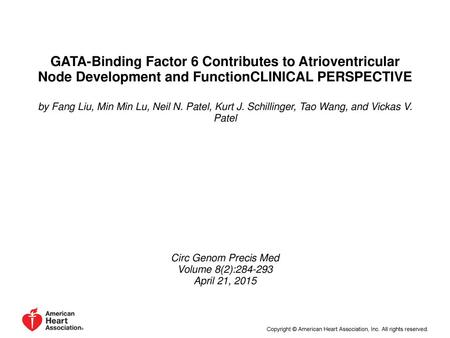 GATA-Binding Factor 6 Contributes to Atrioventricular Node Development and FunctionCLINICAL PERSPECTIVE by Fang Liu, Min Min Lu, Neil N. Patel, Kurt J.