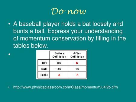 Do now A baseball player holds a bat loosely and bunts a ball. Express your understanding of momentum conservation by filling in the tables below. http://www.physicsclassroom.com/Class/momentum/u4l2b.cfm.