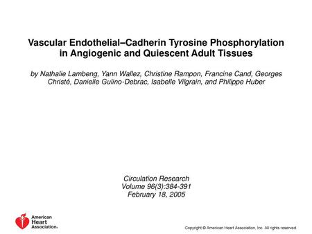 Vascular Endothelial–Cadherin Tyrosine Phosphorylation in Angiogenic and Quiescent Adult Tissues by Nathalie Lambeng, Yann Wallez, Christine Rampon, Francine.