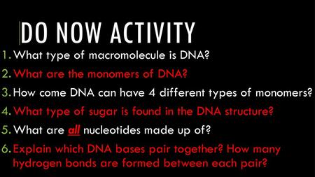Do now activity What type of macromolecule is DNA?