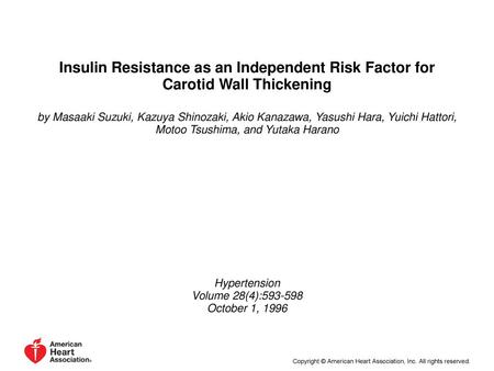 Insulin Resistance as an Independent Risk Factor for Carotid Wall Thickening by Masaaki Suzuki, Kazuya Shinozaki, Akio Kanazawa, Yasushi Hara, Yuichi Hattori,