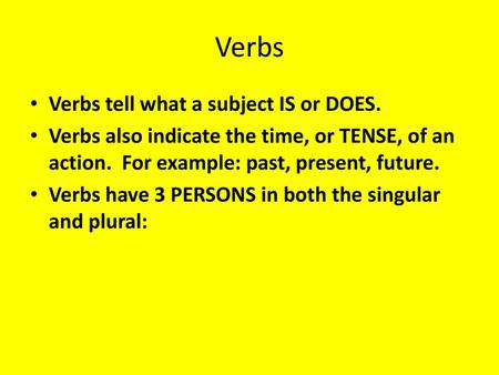 Verbs Verbs tell what a subject IS or DOES.