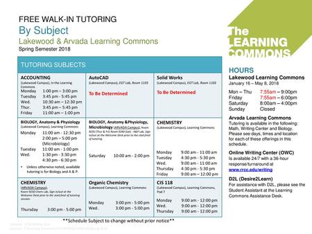 HOURS Lakewood Learning Commons January 16 – May 8, 2018