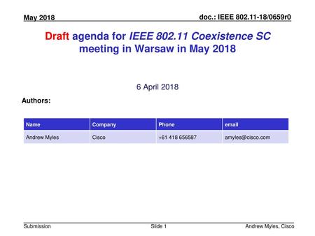 July 2010 doc.: IEEE 802.11-10/0xxxr0 Draft agenda for IEEE 802.11 Coexistence SC meeting in Warsaw in May 2018 6 April 2018 Authors: Name Company Phone.