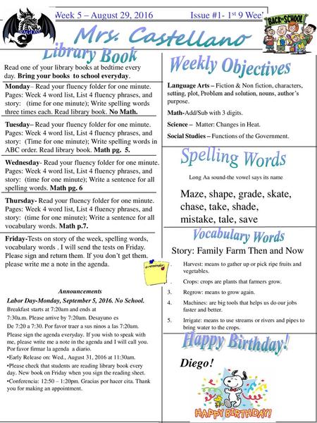Mrs. Castellano Library Book Weekly Objectives Spelling Words
