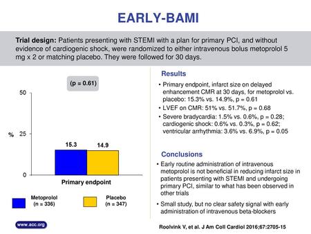 EARLY-BAMI Trial design: Patients presenting with STEMI with a plan for primary PCI, and without evidence of cardiogenic shock, were randomized to either.