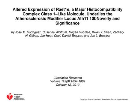 Altered Expression of Raet1e, a Major Histocompatibility Complex Class 1–Like Molecule, Underlies the Atherosclerosis Modifier Locus Ath11 10bNovelty and.