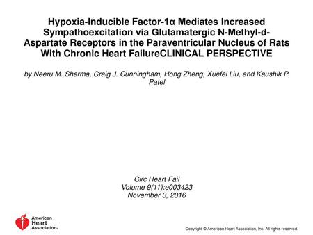 Hypoxia-Inducible Factor-1α Mediates Increased Sympathoexcitation via Glutamatergic N-Methyl-d-Aspartate Receptors in the Paraventricular Nucleus of Rats.