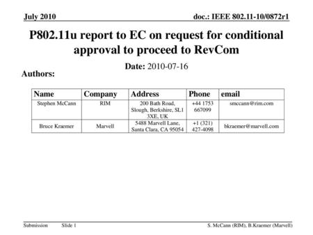 July 2010 doc.: IEEE 802.11-10/0872r1 July 2010 P802.11u report to EC on request for conditional approval to proceed to RevCom Date: 2010-07-16 Authors: