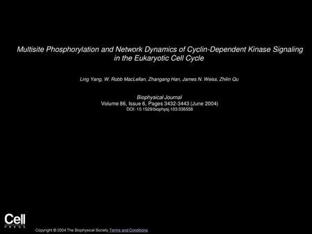 Multisite Phosphorylation and Network Dynamics of Cyclin-Dependent Kinase Signaling in the Eukaryotic Cell Cycle  Ling Yang, W. Robb MacLellan, Zhangang.