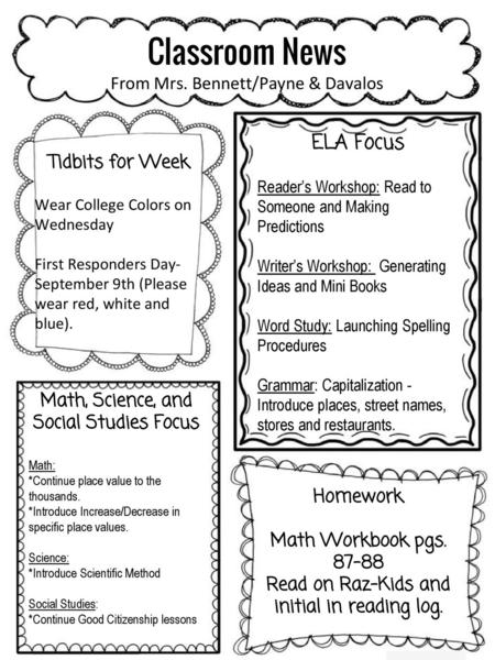 Classroom News ELA Focus From Mrs. Bennett/Payne & Davalos